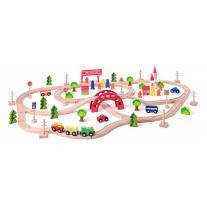 Дървен влак с релси, с мост и гара Woodyland