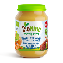 Био пюре BioNino - Зеленчуци с ориз и агнешко месо, 6 м+, 190 g