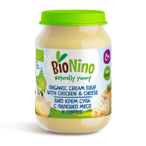 Био пюре BioNino - Крем супа със зеленчуци, сирене и пилешко месо, 8 м+, 190 g
