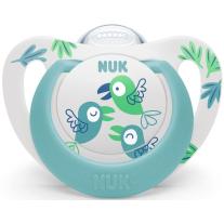 Силиконова залъгалка Nuk - Star, 6-18 месеца, синя с птички