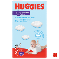 Пелени гащички HUGGIES PANTS, момчета, размер 3, 6-11 КГ, 58 бр.