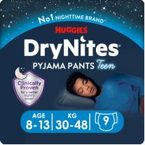 Huggies НОЩНИ ПЕЛЕНИ ГАЩИЧКИ DRYNITES, 8-13 ГОДИНИ МОМЧЕ 30-48 КГ, 9 БРОЯ